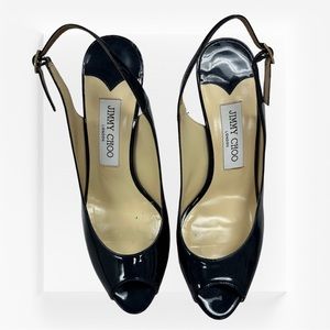 JIMMY CHOO NOVA PEEP TOE PATENT LEATHER SLINGBACK HEELS - SIZE 38.5